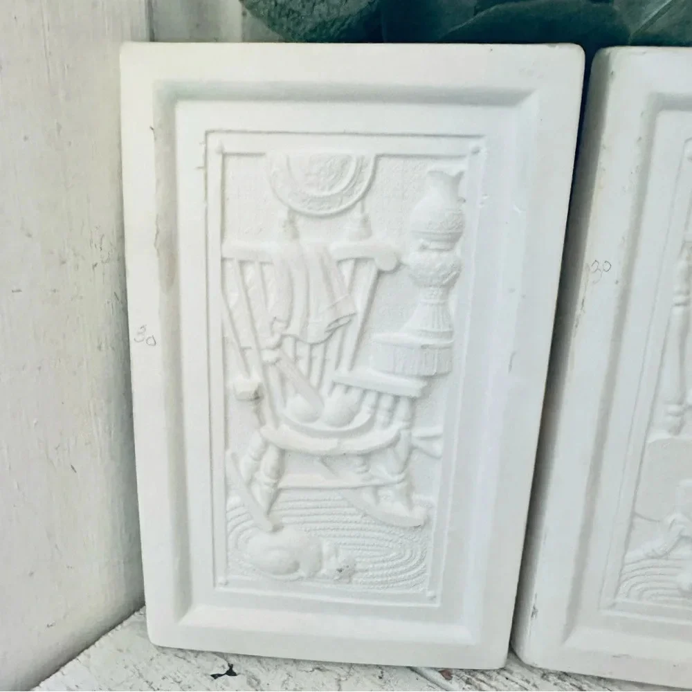 Vintage Chalkware Rocking Chair Stove Fireplace Hearth Home Scenes Relief Art
